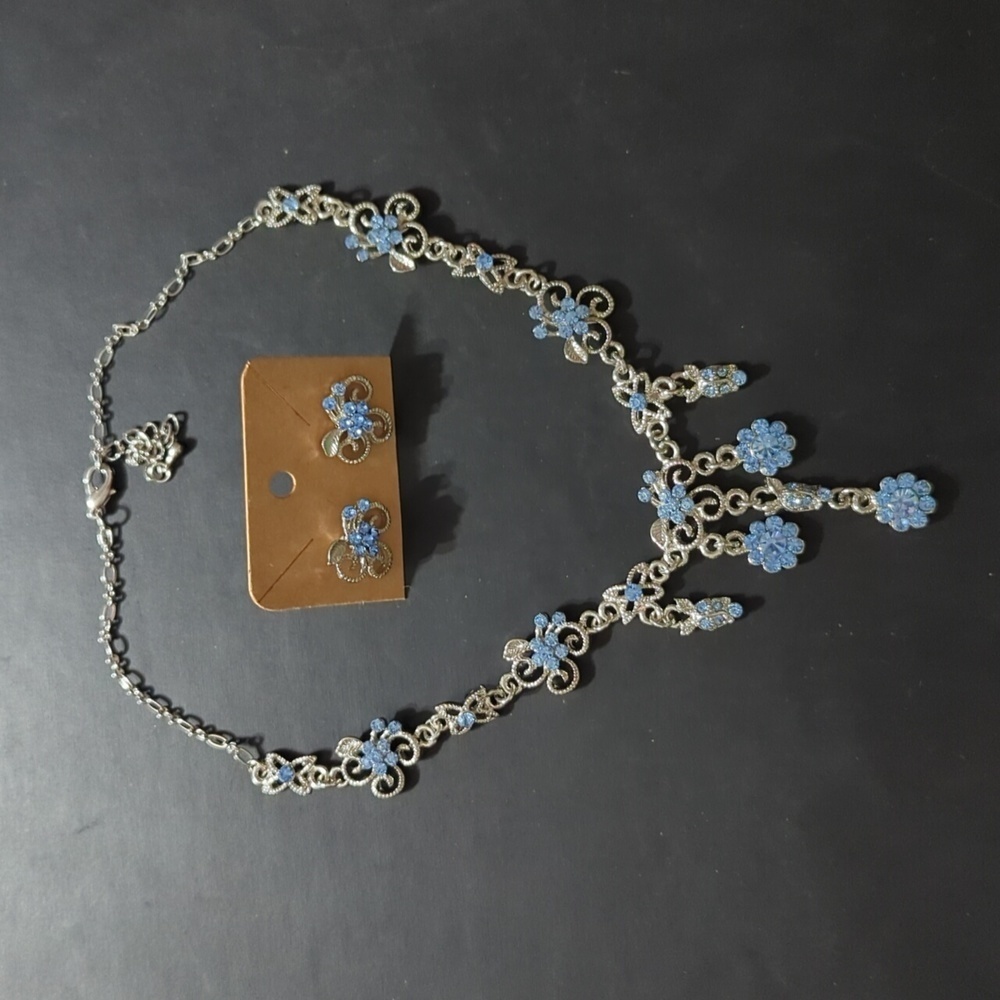 Silver Tone Blue Rhinestone Floral Statement Necklace and Earrings Set